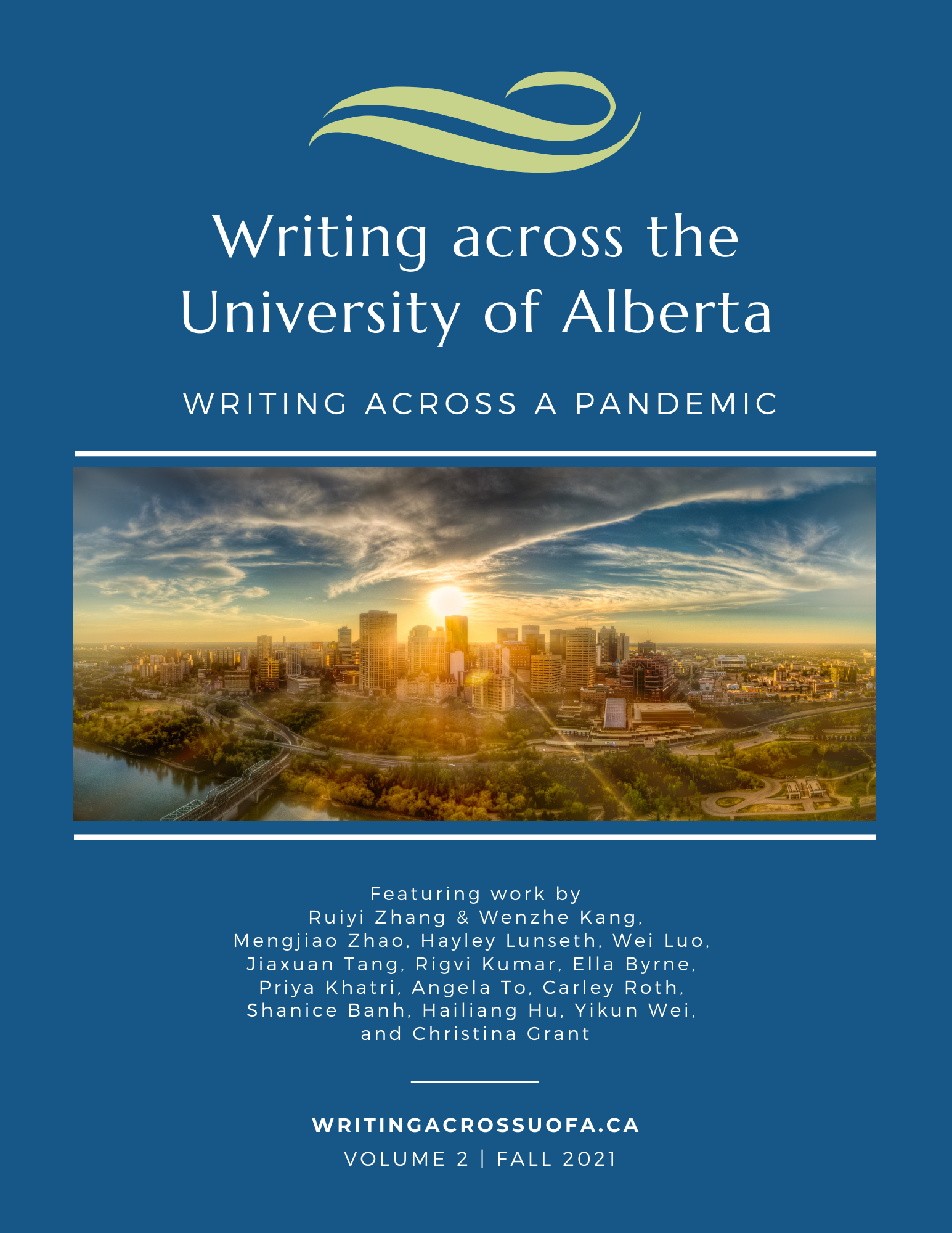 Cover image for Volume 2 of Writing across the University of Alberta. Feature scenic image of Edmonton and names of authors