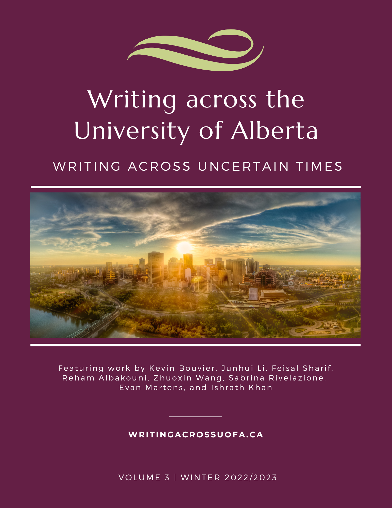 Cover image for Volume 3 of Writing across the University of Alberta. Feature scenic image of Edmonton and names of authors