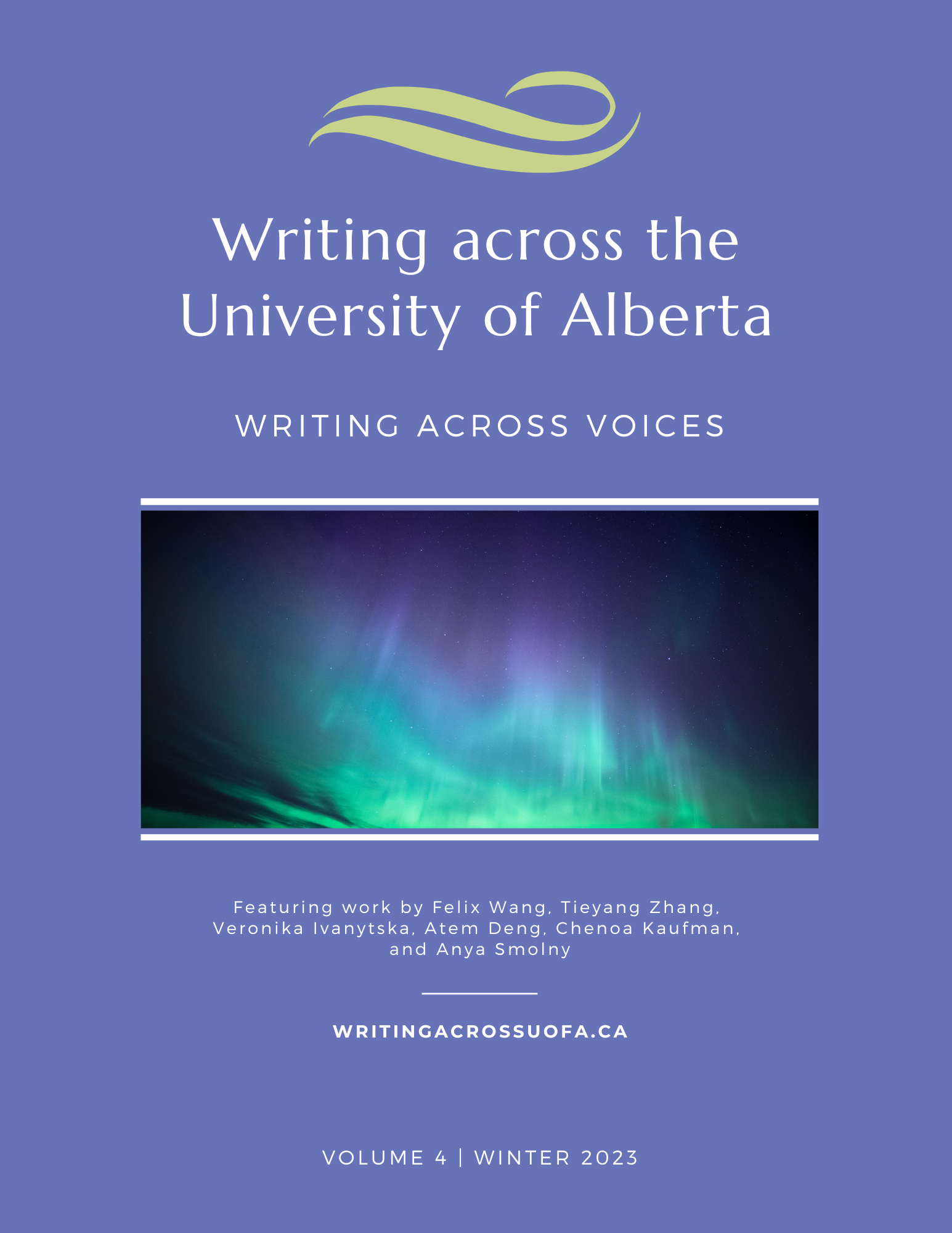 Cover image for Volume 4 of Writing across the University of Alberta. Feature scenic image of northern lights and names of authors